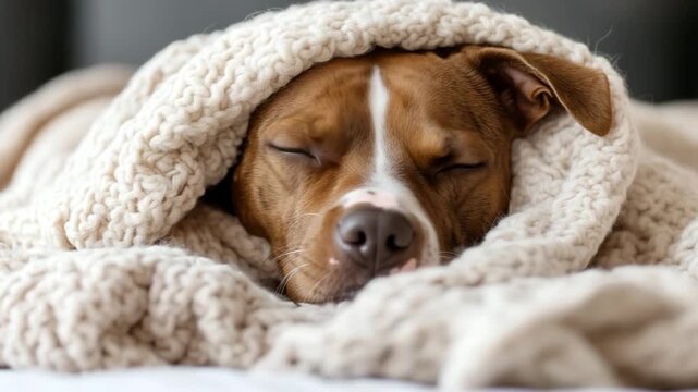 A lovable dog snuggles in a soft blanket, showcasing its calm demeanor. The setting captures the cozy atmosphere of a home, perfect for relaxation on a cold day.