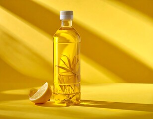 A bottle and a lemon on a sunny, yellow surface with light shadows