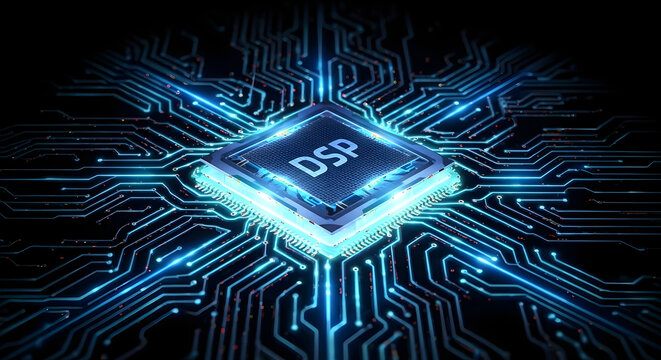 Digital signal processor chip on circuit board with glowing blue light, high tech concept