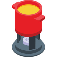 Red cooking pot filled with yellow liquid heated on a grey stove with a blue flame in a minimalist isometric illustration