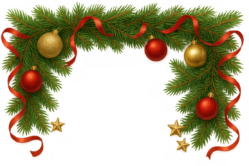Christmas garland decoration with red ribbon, golden ornaments, fir branches, and stars, creating a festive border frame, transparent background