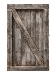 Distressed, grey wooden plank door with diagonal brace
