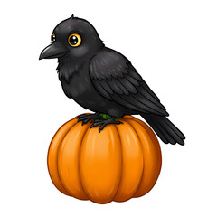 Fototapeta premium Cartoon crow with yellow eyes perched on a bright orange halloween pumpkin art on transparent background