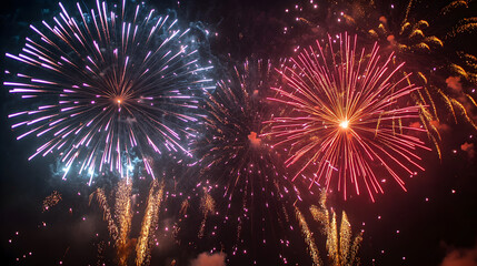 Two brilliant fireworks explode in the night sky, casting a mesmerizing glow and creating a sense of wonder and excitement