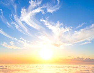 A vivid sunrise peeking through wispy clouds in a bright blue sky