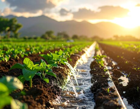 Lush green field, irrigation flowing, mountain backdrop, warm sunset glow