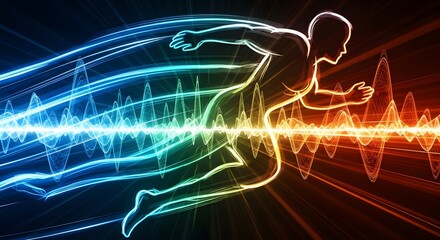 Dynamic abstract runner illustration merging vibrant energy waves with the human form, symbolizing peak performance, speed, and the futuristic essence of athletic motion and potential