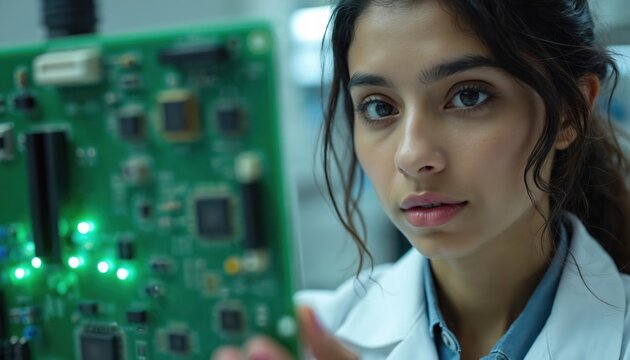 Young woman works with tech in laboratory. Female engineer examines circuit board with chips. Person checks hardware details, components in science lab. Innovation future. Science researches vital