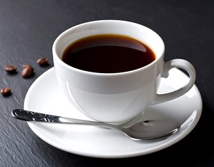 Obraz premium A white cup and saucer of rich, dark coffee with coffee beans