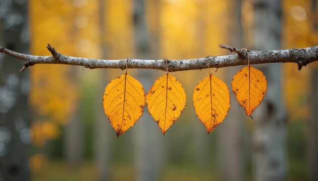 Four vivid gold aspen leaves hang on twig. Fall forest blurred background shows nature in seasonal transformation. Photo depicts autumnal colors, beauty and tranquility in golden season woodland.