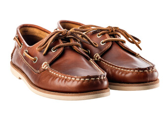 Brown leather boat shoes with white stitching and tan laces