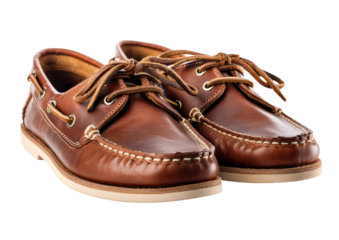 Brown leather boat shoes with white stitching and tan laces