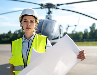 A woman in a hard hat and safety vest holds blueprints in front of a helicopter