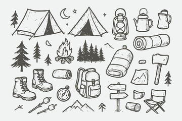 Hand Drawn Camping Doodle Vector Set – Outdoor Adventure Sketch Illustration in Black and White