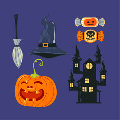 A festive illustrated collection of Halloween symbols with a spooky castle, witch hat, and pumpkin