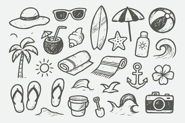 Beach Vacation Doodle Vector Set – Hand Drawn Summer Travel Sketch in Black and White