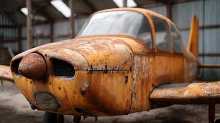 Fototapeta premium Vintage Airplane in Old Hangar Showcasing Corroded Front and Classic Design Features of Aviators from a Bygone Era