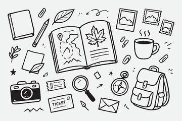 Explorer’s Travel Journal Sketch Set – Hand Drawn Adventure Notebook and Journey Vector Illustration in Black and White