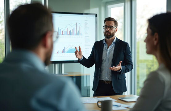 Man presents charts on screen to investors in office meeting. Colleagues listen attentively to business analytics report. Team discusses finance data strategy. Pro explains market growth.