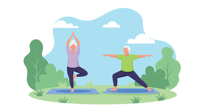 Flat vector of senior man doing yoga in garden under morning sunlight, promoting balance, peace, and healthy aging