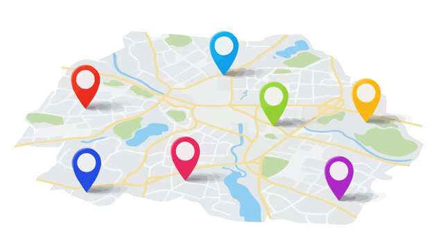A stylized map with seven colorful location pins