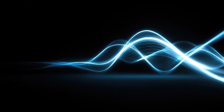 Abstract, elegant, flowing blue waves of light against a stark black background - Powered by Adobe