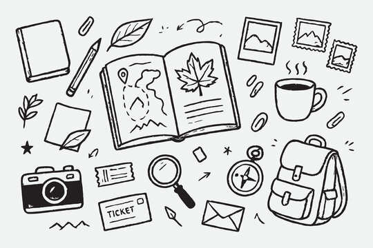 Explorer&rsquo;s Travel Journal Sketch Set &ndash; Hand Drawn Adventure Notebook and Journey Vector Illustration in Black and White
