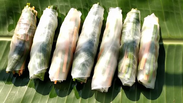 Rows of spring rolls filled with vegetables on a vibrant green banana leaf background