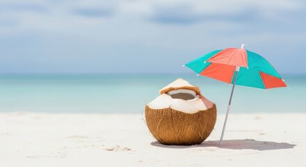 Minimal tropical concept with coconut and beach umbrella &mdash; representing creativity, freshness, and vacation mood