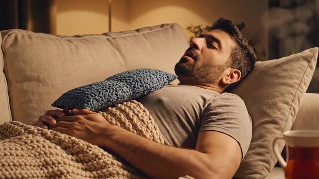 A man seated on a sofa with a heating pad, cup of tea, and a blanket