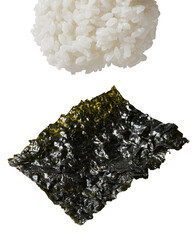 Rice and seaweed, a simple culinary pairing on a stark background