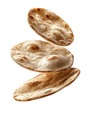 Stack of three, flat, oval breads, golden-brown, against black