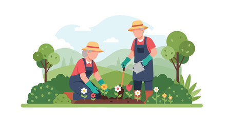 Flat vector of senior couple gardening outdoors, planting flowers for relaxation, joy, and physical health