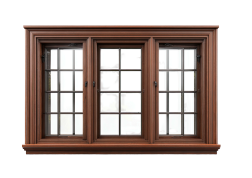 Ornate wooden window with multiple panes, against black