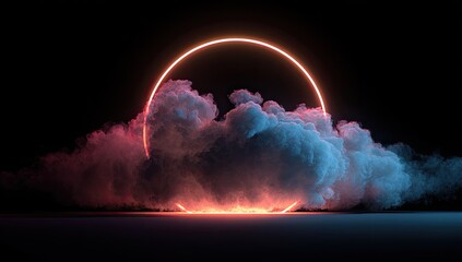 Glowing orange circle frames cloud of blue and pink smoke on a glossy black surface