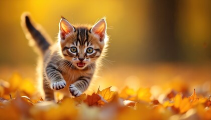 Fototapeta premium Small tabby kitten runs on yellow fallen leaves. Little playful kitty explores autumn nature, enjoys fresh air and freedom. Curious baby cat plays in golden fall foliage.
