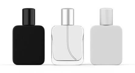 Perfume bottles mockup set in transparent glass, matte finish and glossy finish on isolated white background, 3d illustration