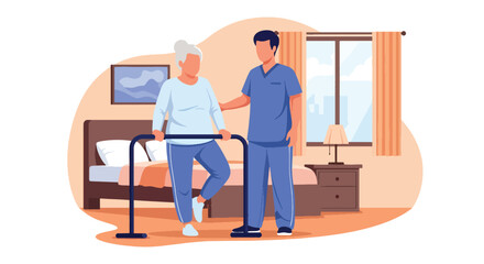 Flat vector of senior elderly woman doing balance therapy with trainer, promoting strength, stability, and safe movement