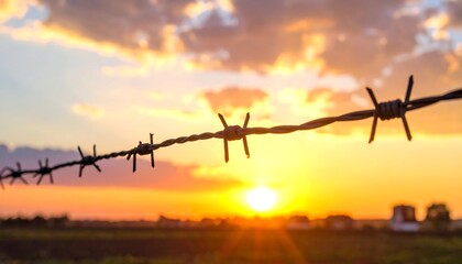 Barbed wire foreground with a vibrant sunset in the background