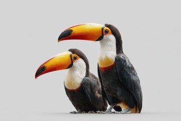 Fototapeta premium Vibrant toucans perched together on a neutral background showcasing their colorful beaks and striking plumage