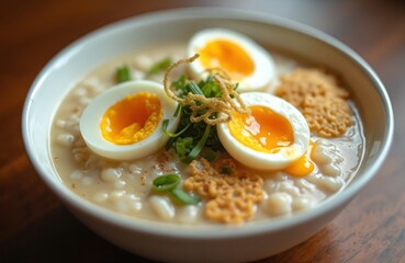Indonesian Bubur Ayam rice porridge in a white bowl. Soft boiled egg halves green onion garnish and crispy crackers. Healthy delicious breakfast meal food.