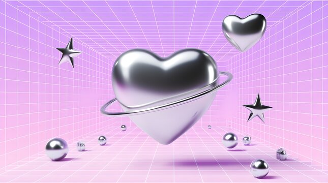 Chrome hearts and stars floating in a vaporwave grid room with a retro aesthetic - Powered by Adobe