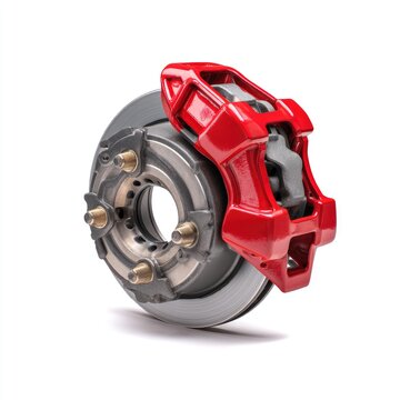 Red brake caliper and rotor assembly with lug bolts, on white background