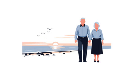 Flat vector of senior couple walking together by seaside during sunset, calm relaxation and emotional wellness