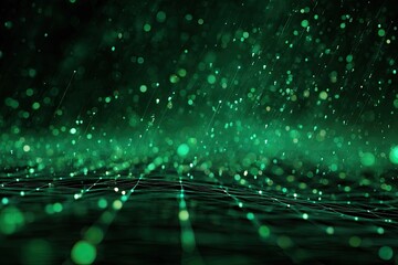 Abstract digital art featuring vibrant green lights against a dark backdrop; grid pattern below