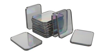Rounded square glass panels stacked and isolated on transparent background