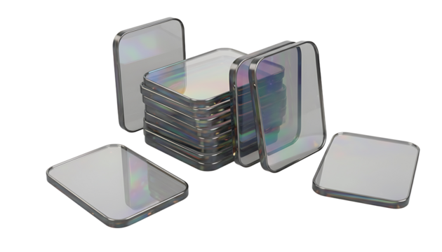 Rounded square glass panels stacked and isolated on transparent background
