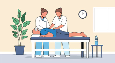 Flat vector of senior man receiving physiotherapy from doctor in clinic, physical recovery and rehabilitation theme