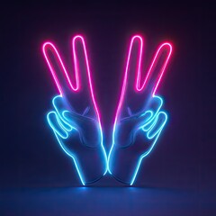 Obraz premium Two hands making a peace sign illuminated with vibrant neon blue and pink lighting