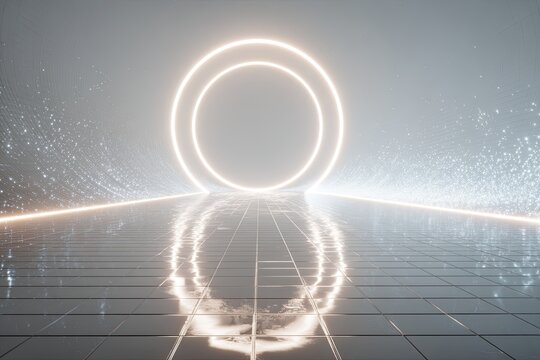 Futuristic scene with a glowing ring, reflective floor, and particles in a minimalistic aesthetic - Powered by Adobe